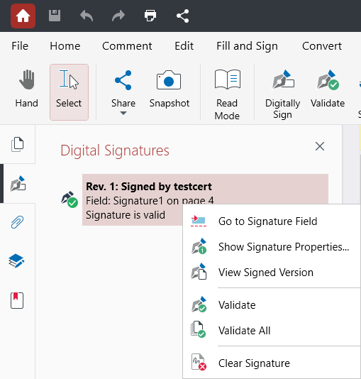 PDF Extra: right-clicking a digital signature in the side panel